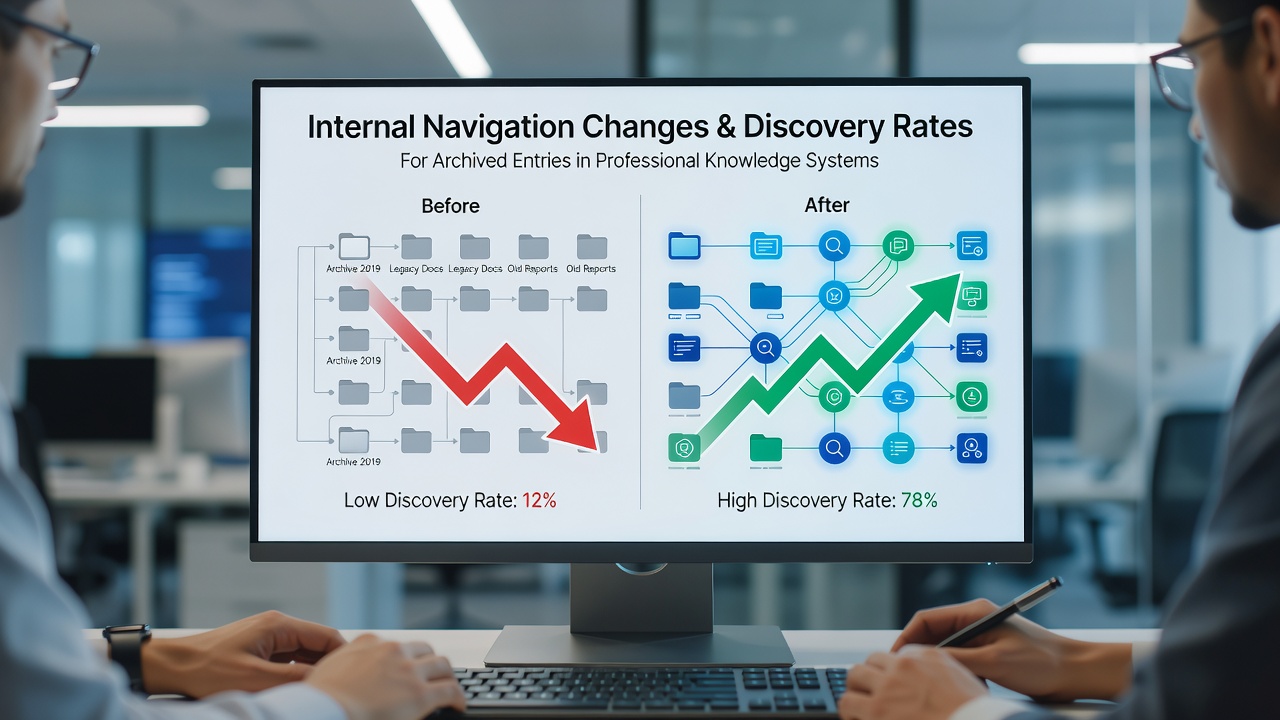 Analytics dashboard displaying changes in archived entry discovery rates before and after navigation updates in a knowledge platform